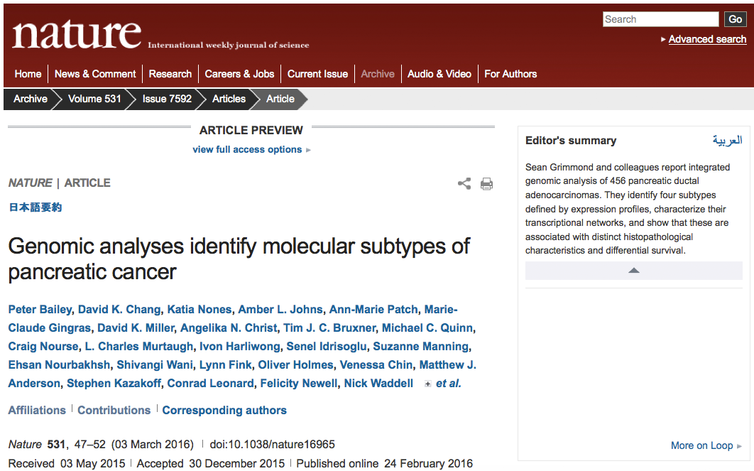 Nature 2016: Pancreatic cancer subtypes